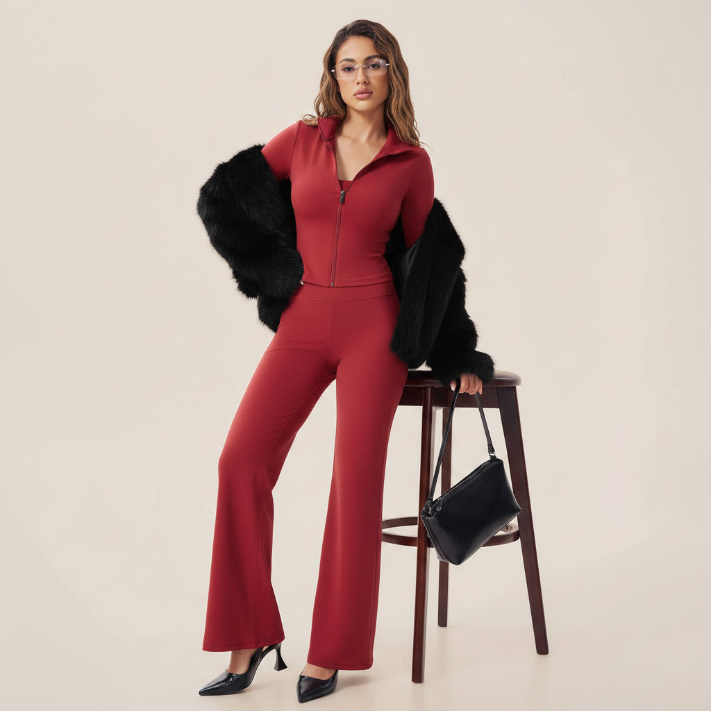 Zip‑Up Cropped Jacket & High Waist Flare Pants Activewear 2‑Piece Set