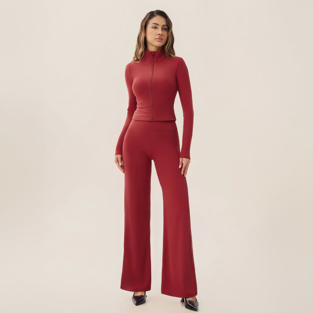 Zip‑Up Cropped Jacket & High Waist Flare Pants Activewear 2‑Piece Set