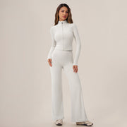 Zip‑Up Cropped Jacket & High Waist Flare Pants Activewear 2‑Piece Set