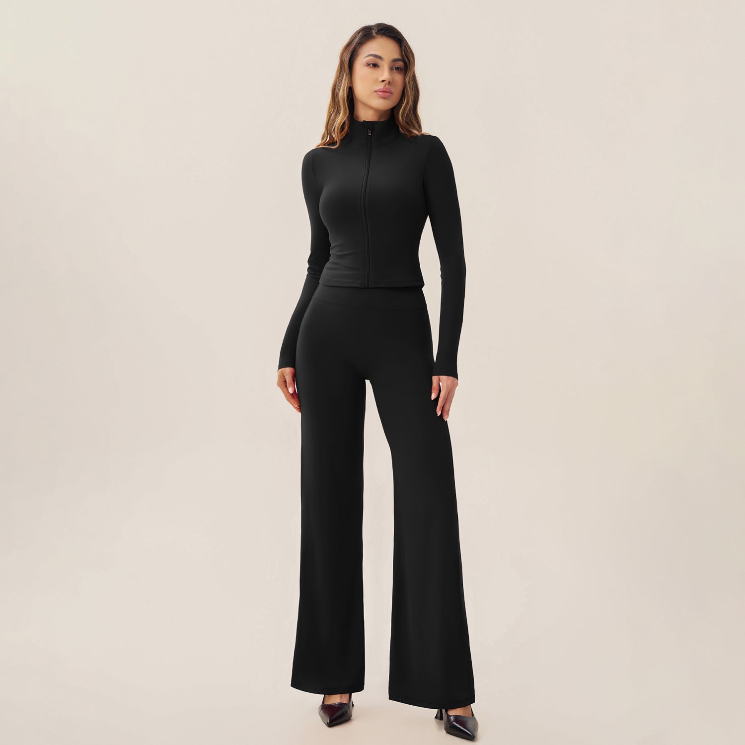 Zip‑Up Cropped Jacket & High Waist Flare Pants Activewear 2‑Piece Set