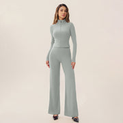 Zip‑Up Cropped Jacket & High Waist Flare Pants Activewear 2‑Piece Set