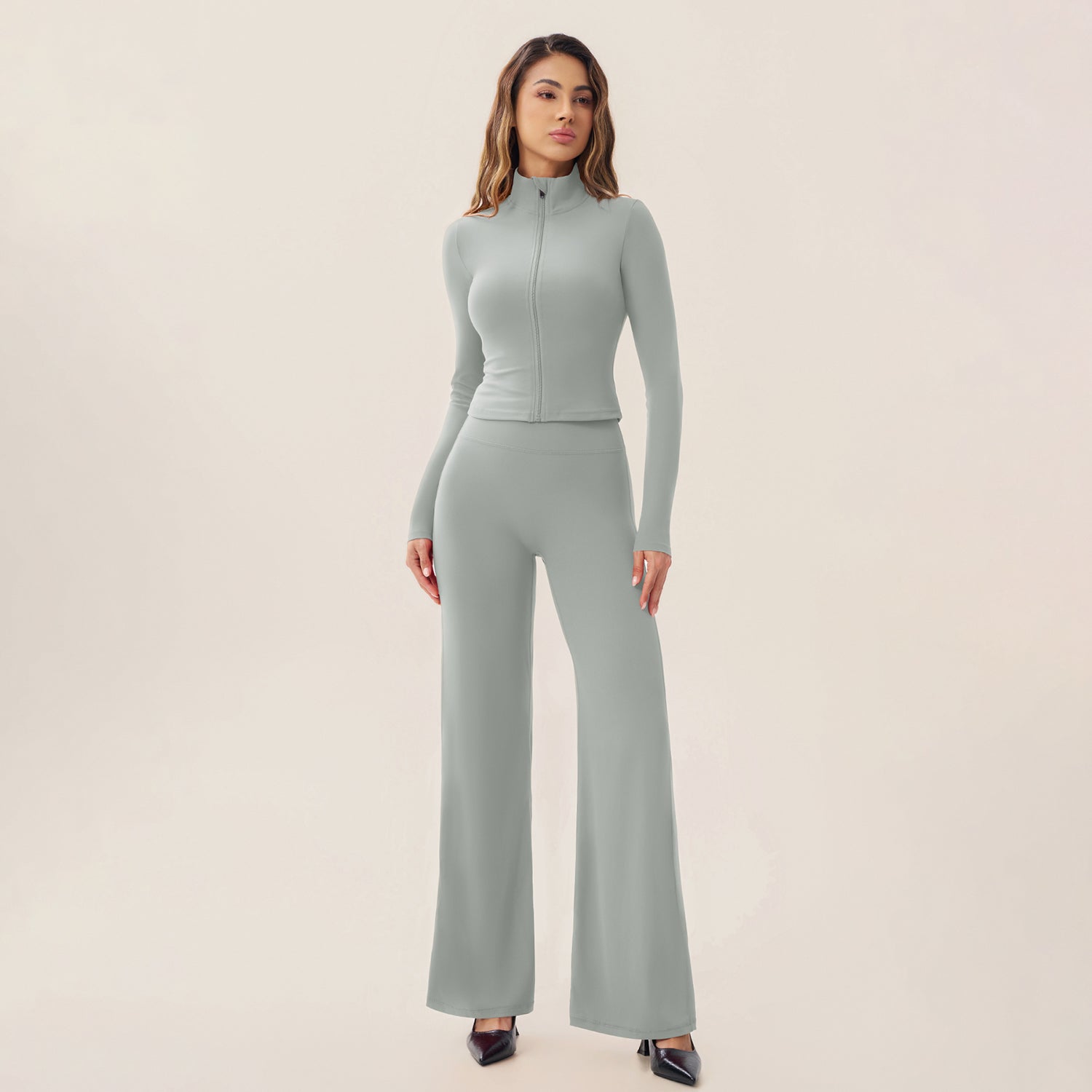 Zip‑Up Cropped Jacket & High Waist Flare Pants Activewear 2‑Piece Set