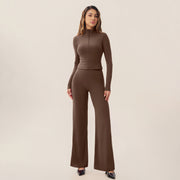 Zip‑Up Cropped Jacket & High Waist Flare Pants Activewear 2‑Piece Set