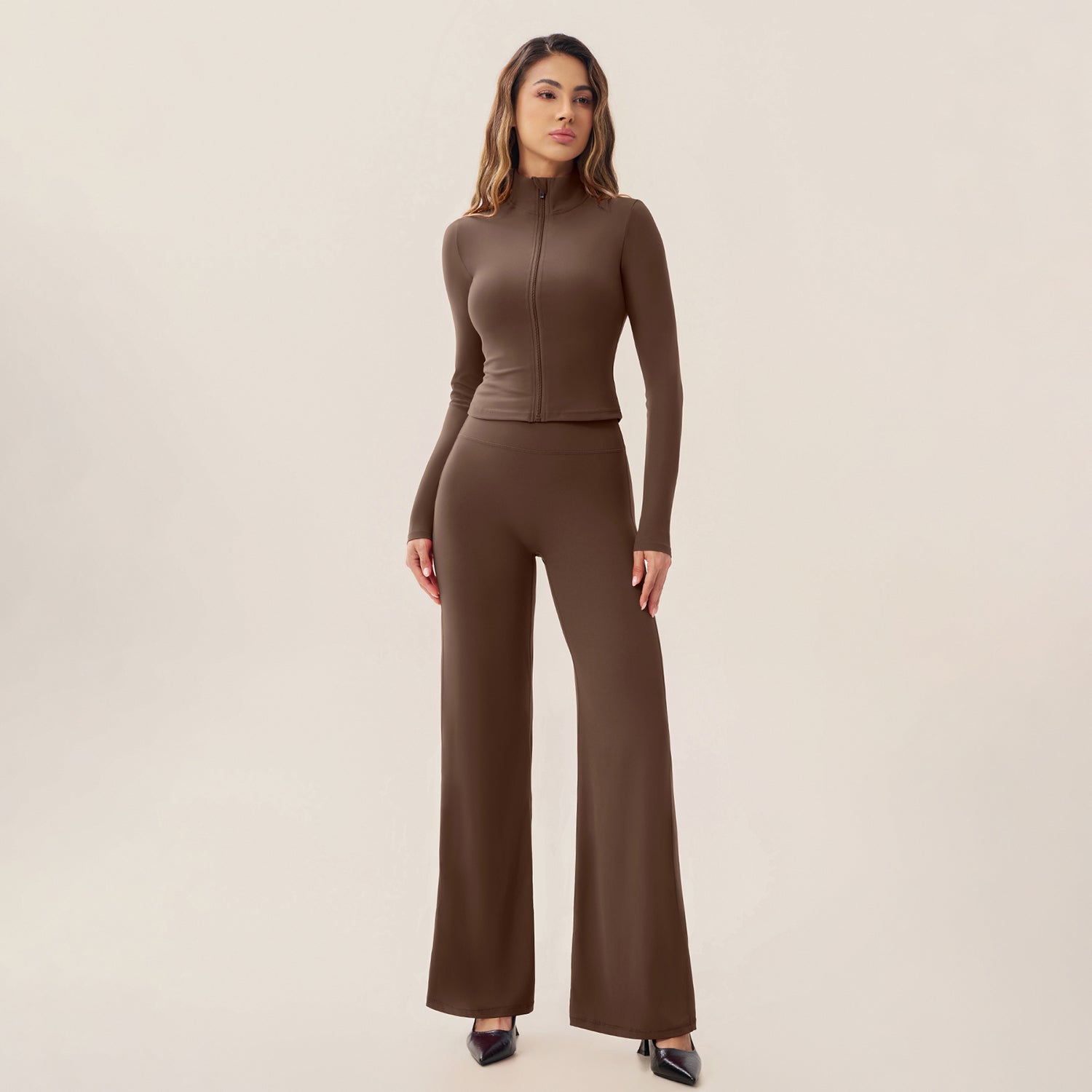 Zip‑Up Cropped Jacket & High Waist Flare Pants Activewear 2‑Piece Set