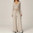 2 Piece Active Set Wrap Tie Long Sleeve Top & Drawstring Wide Leg Pants