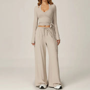 2 Piece Active Set Wrap Tie Long Sleeve Top & Drawstring Wide Leg Pants