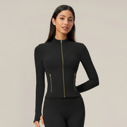 Zip‑Up Jacket & Capri Leggings 2‑Piece Active Set, Slim Fit Thumb‑Hole Workout Outfit
