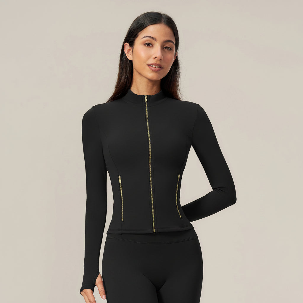 Zip‑Up Jacket & Capri Leggings 2‑Piece Active Set, Slim Fit Thumb‑Hole Workout Outfit