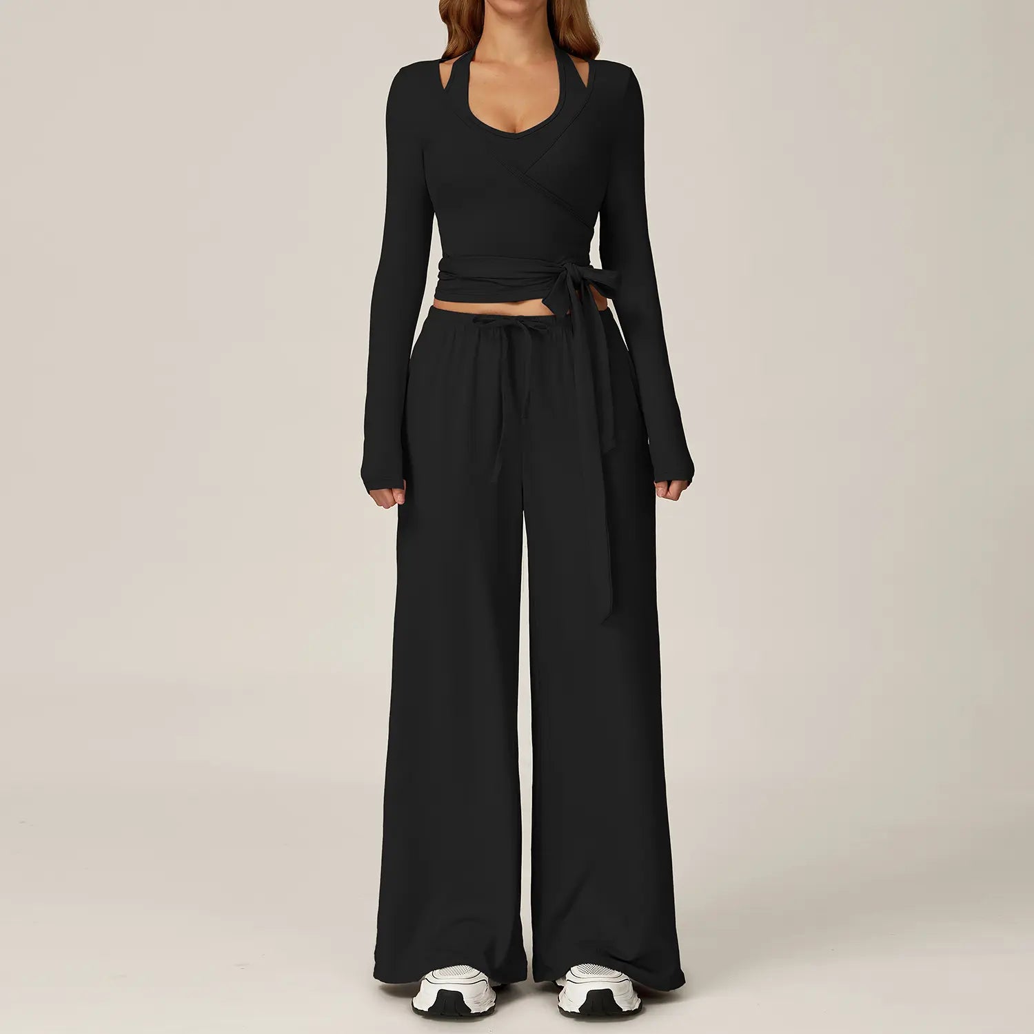 2 Piece Active Set Wrap Tie Long Sleeve Top & Drawstring Wide Leg Pants