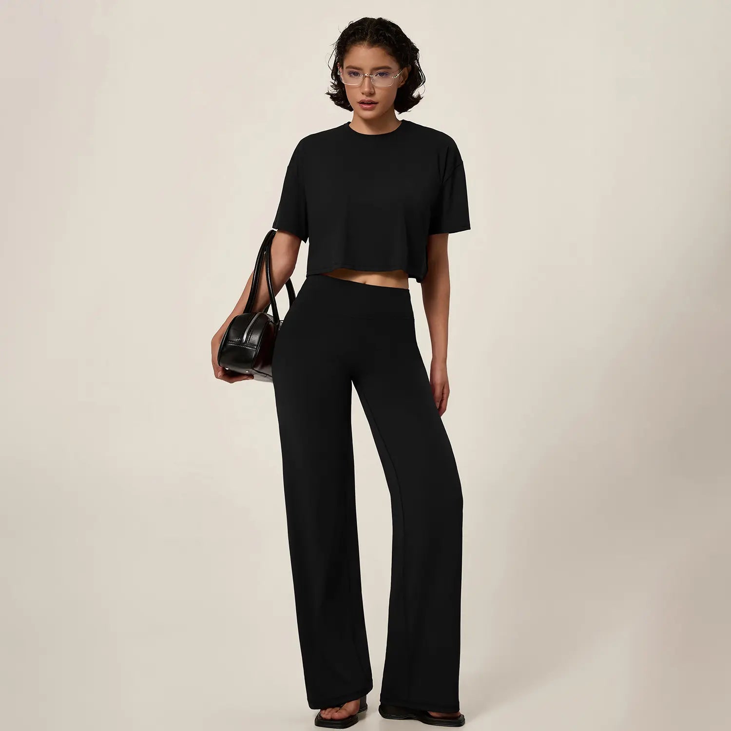 Oversized Crop Top & High Waist Wide Leg Pants Active Set