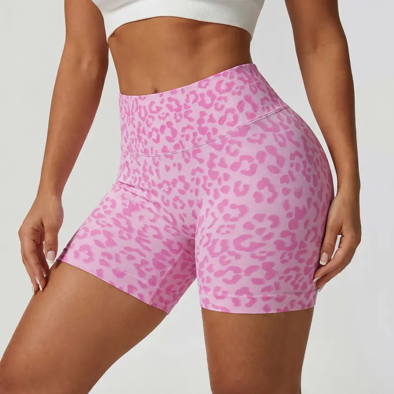 Women's Wide High Waist Leopard Print Ribbed Biker Shorts