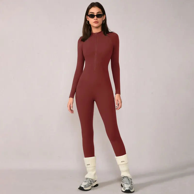 TIMEOFF Women's Long-Sleeve Fleece-Lined Mock-Neck Zip-Up Jumpsuit