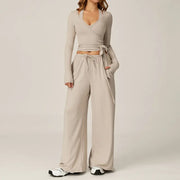 2 Piece Active Set Wrap Tie Long Sleeve Top & Drawstring Wide Leg Pants