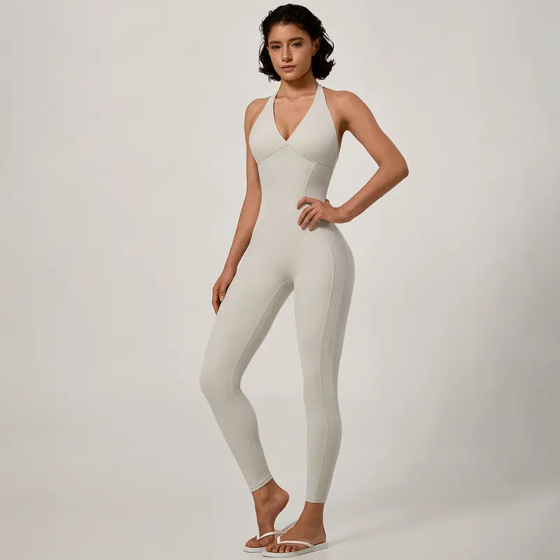TIMEOFF Women's Halter U Back Full Length Workout Jumpsuit