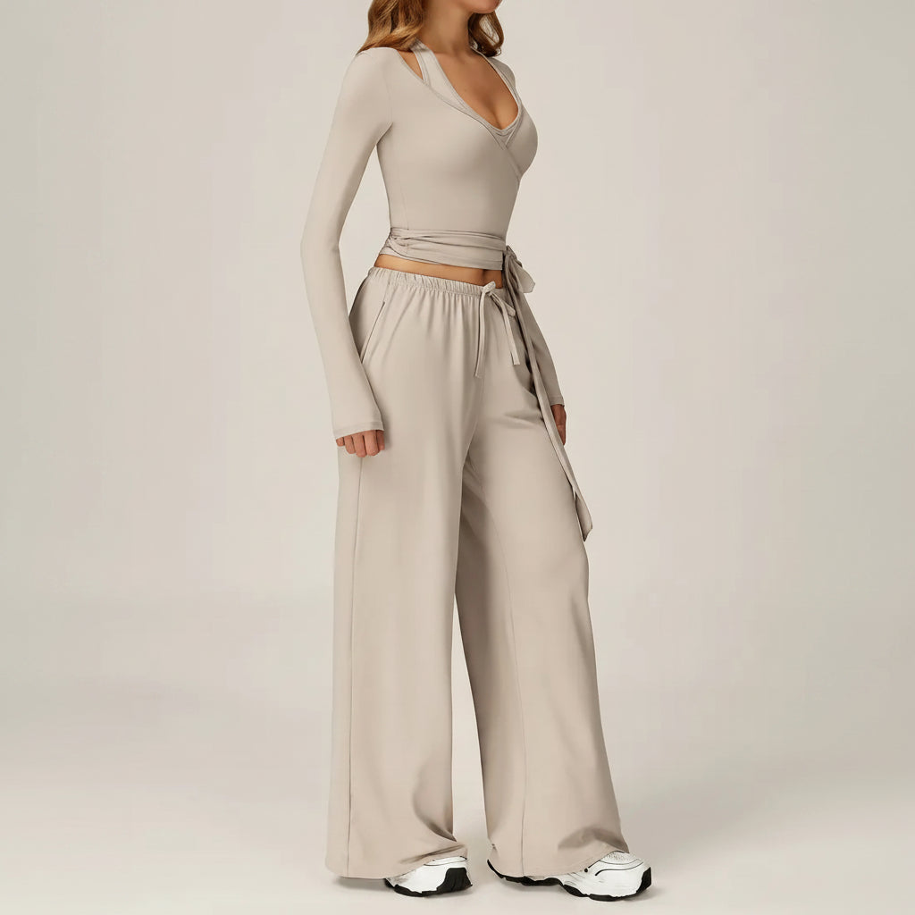 2 Piece Active Set Wrap Tie Long Sleeve Top & Drawstring Wide Leg Pants