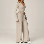 2 Piece Active Set Wrap Tie Long Sleeve Top & Drawstring Wide Leg Pants