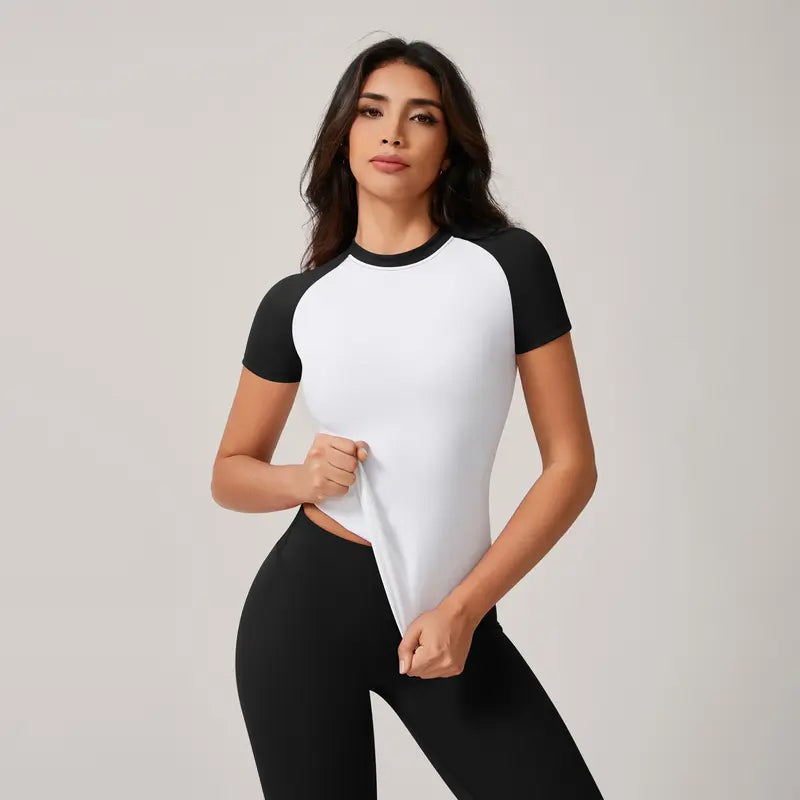 TimeOFF Women's Color Block Raglan Short Sleeve Workout Top