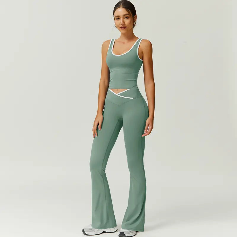 TimeOFF Two-Piece Color Block U-Neck Piped Tank & Bell Bottom Set