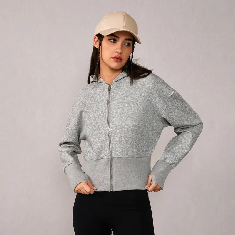TIMEOFF Women's Cropped Hooded Zip-Up Long Sleeve Gym Jacket