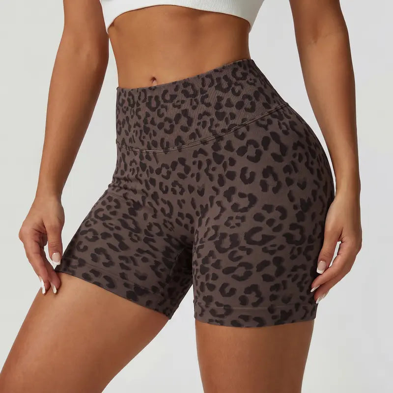 Women's Wide High Waist Leopard Print Ribbed Biker Shorts