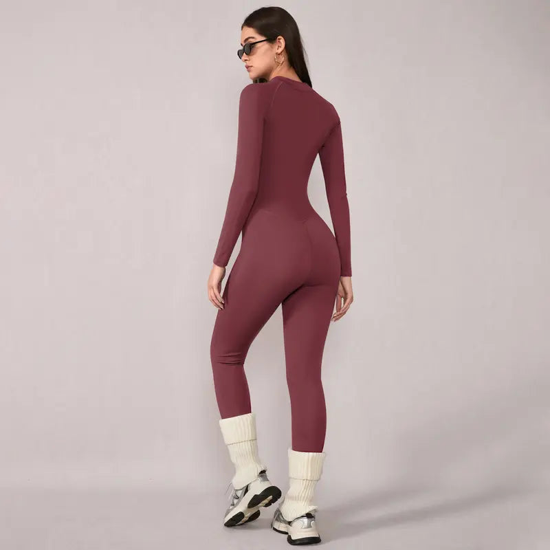 TIMEOFF Women's Long-Sleeve Fleece-Lined Mock-Neck Zip-Up Jumpsuit
