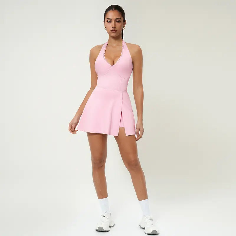 Women's Lace Trim Halter V-Neck Athletic Dress