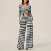 Striped Zip‑Up Long Sleeve Crop Top & Drawstring Wide Leg Pants 2 Piece Loungewear Set