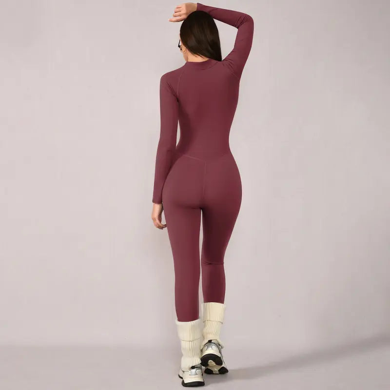TIMEOFF Women's Long-Sleeve Fleece-Lined Mock-Neck Zip-Up Jumpsuit