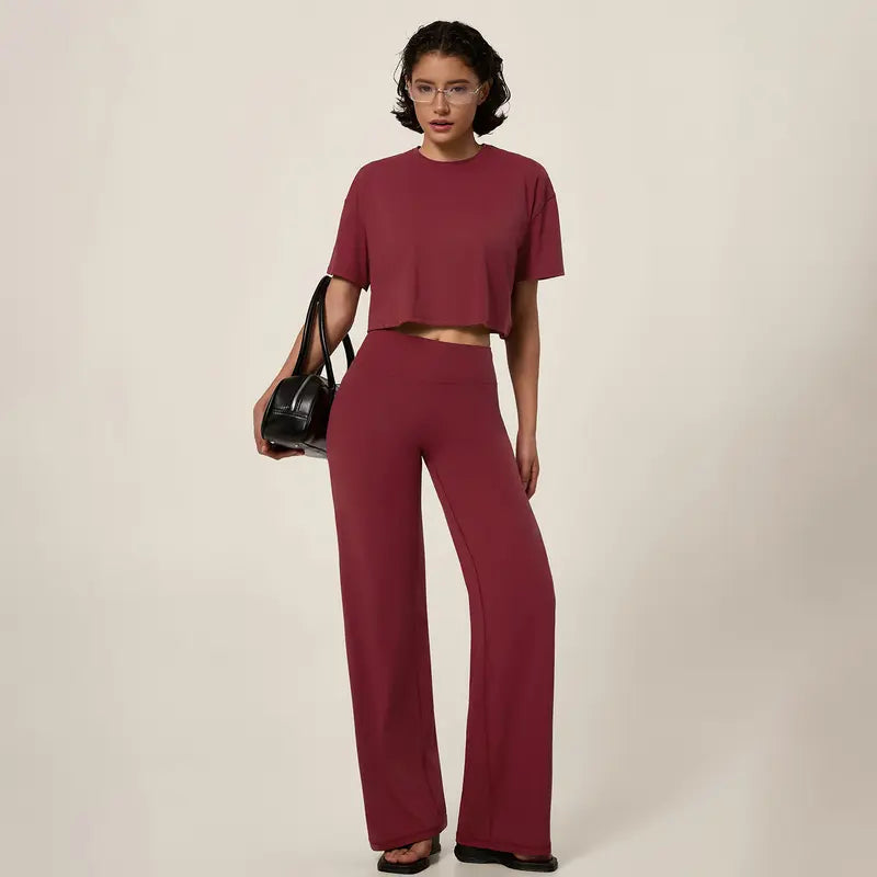 Oversized Crop Top & High Waist Wide Leg Pants Active Set
