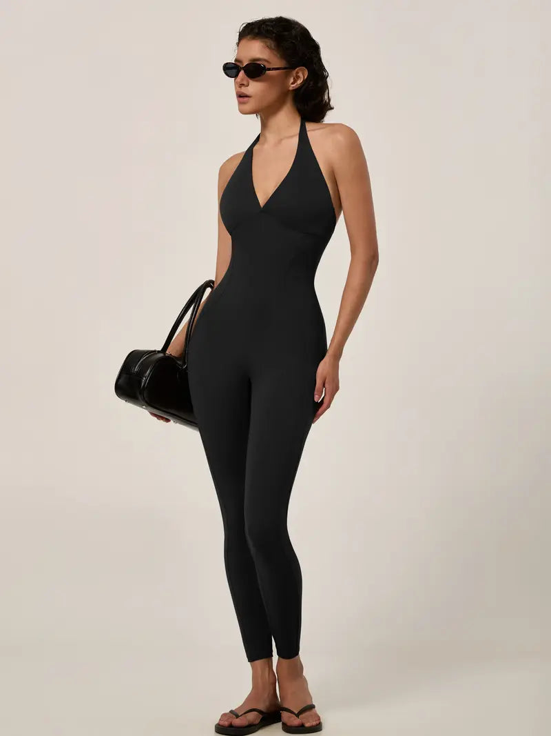 TIMEOFF Women's Halter U Back Full Length Workout Jumpsuit