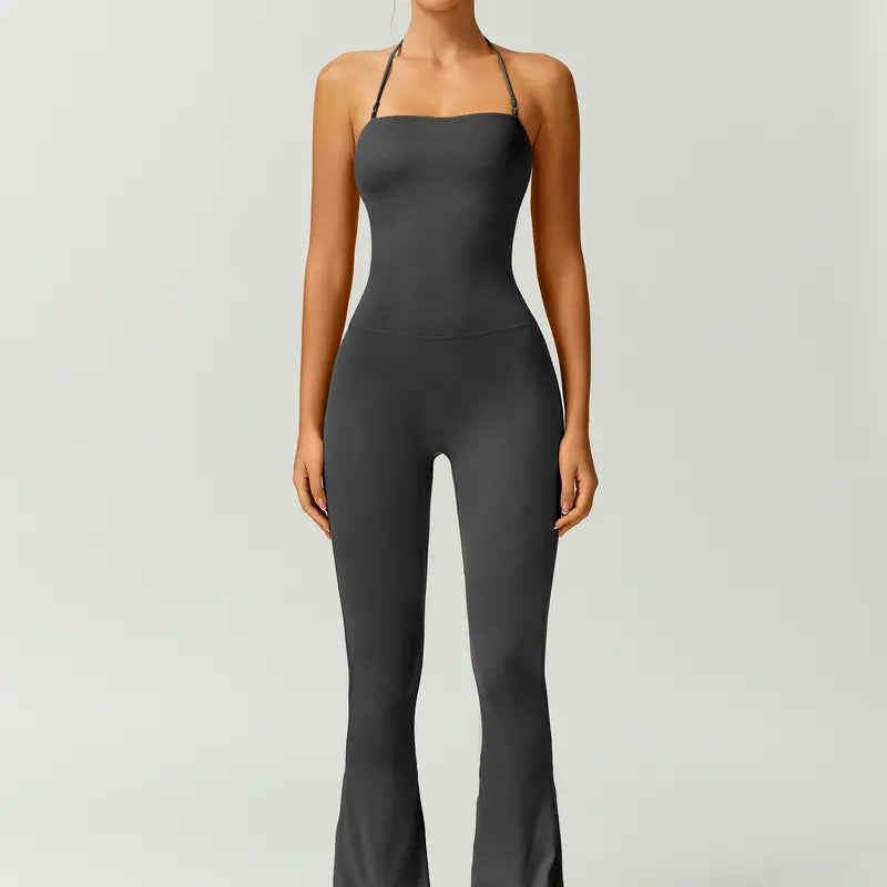 TIMEOFF Women's Halter Neck High Waist Butt Lifting Bodycon Flared Leg Yoga Jumpsuit