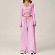 2 Piece Active Set Wrap Tie Long Sleeve Top & Drawstring Wide Leg Pants
