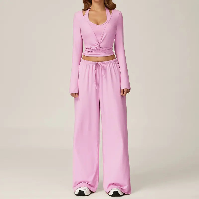 2 Piece Active Set Wrap Tie Long Sleeve Top & Drawstring Wide Leg Pants