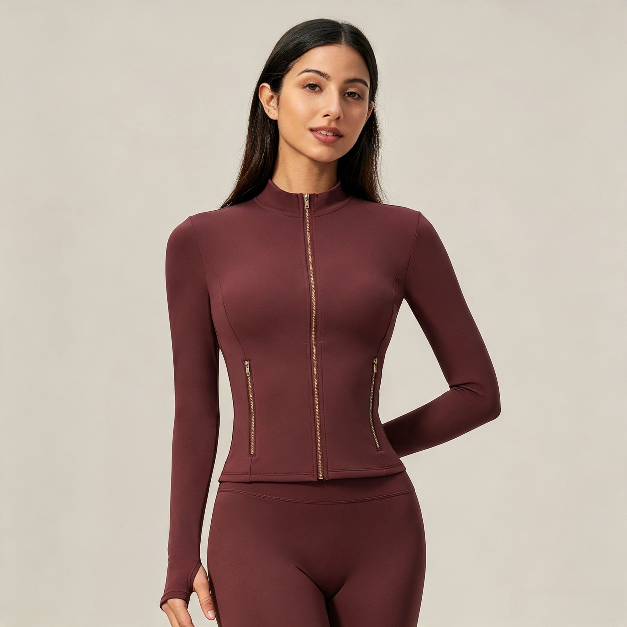 Zip‑Up Jacket & Capri Leggings 2‑Piece Active Set, Slim Fit Thumb‑Hole Workout Outfit