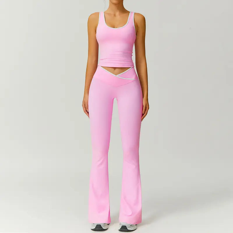 TimeOFF Two-Piece Color Block U-Neck Piped Tank & Bell Bottom Set