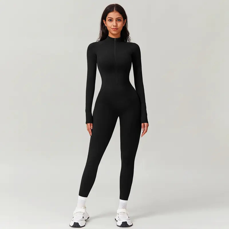 TIMEOFF Women's Long-Sleeve Fleece-Lined Mock-Neck Zip-Up Jumpsuit