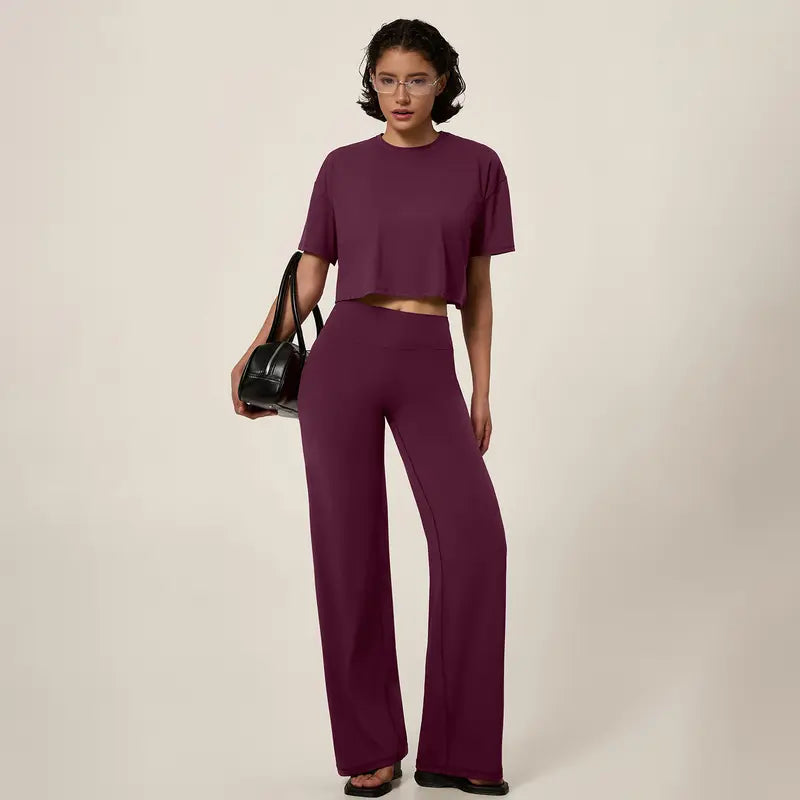 Oversized Crop Top & High Waist Wide Leg Pants Active Set