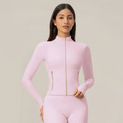 Zip‑Up Jacket & Capri Leggings 2‑Piece Active Set, Slim Fit Thumb‑Hole Workout Outfit