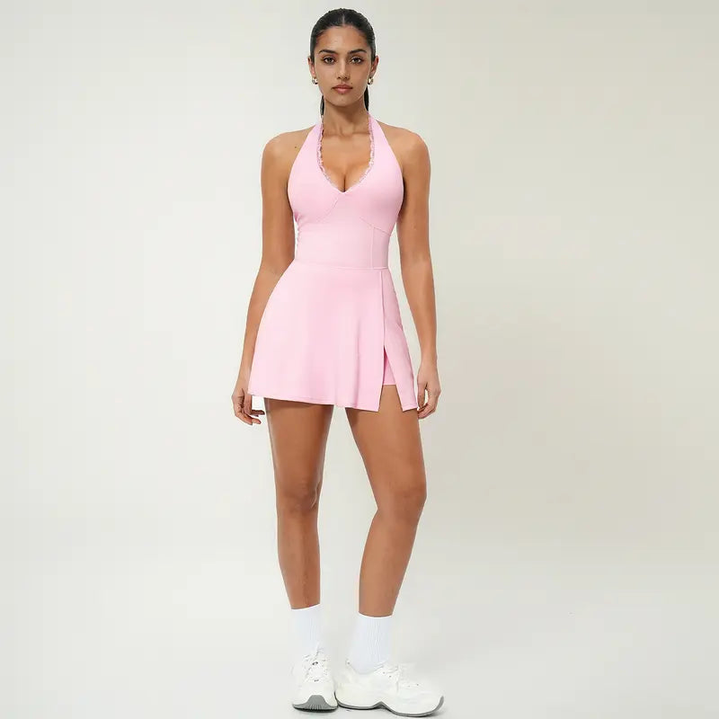 Women's Lace Trim Halter V-Neck Athletic Dress