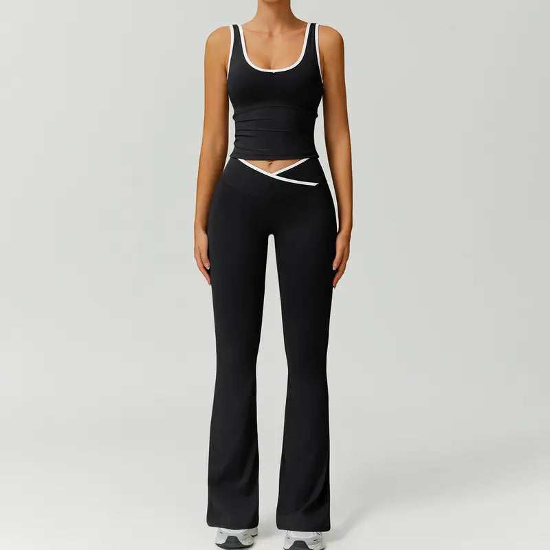 TimeOFF Two-Piece Color Block U-Neck Piped Tank & Bell Bottom Set