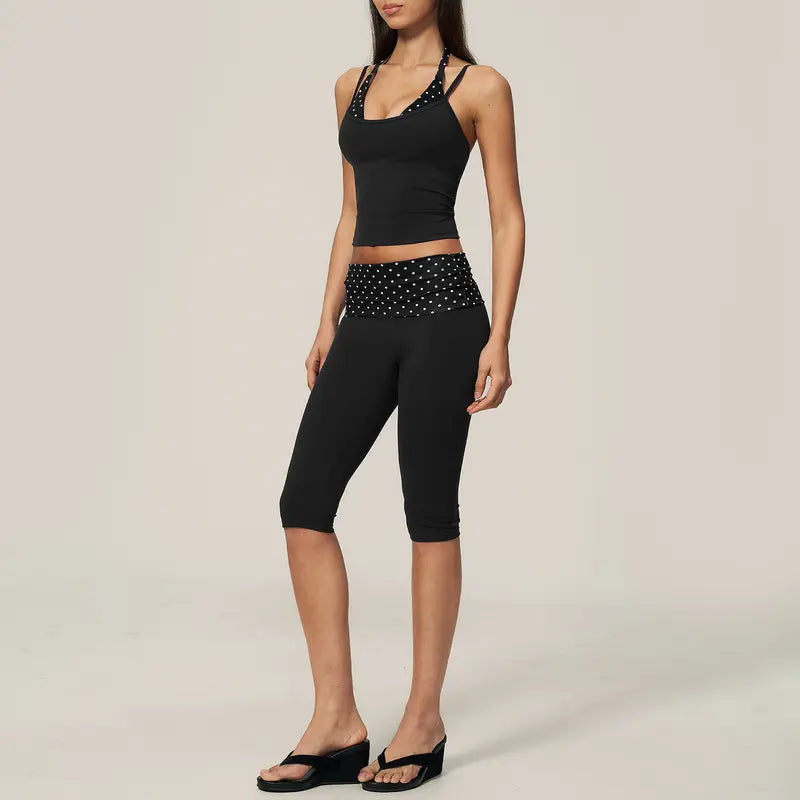 TIMEOFF Halter Tank Top & Fold Over Waist Capri Leggings Active Set