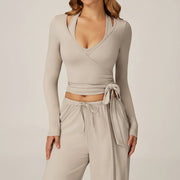 2 Piece Active Set Wrap Tie Long Sleeve Top & Drawstring Wide Leg Pants