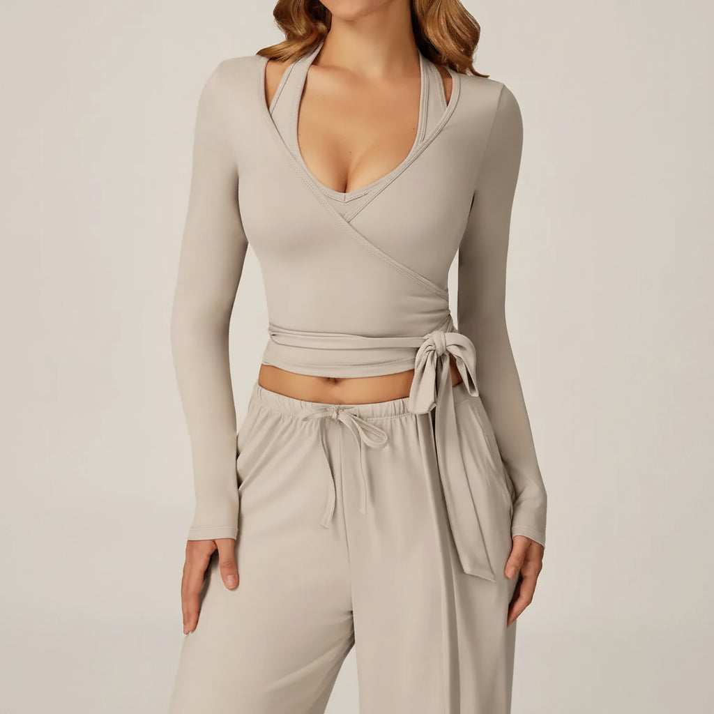 2 Piece Active Set Wrap Tie Long Sleeve Top & Drawstring Wide Leg Pants