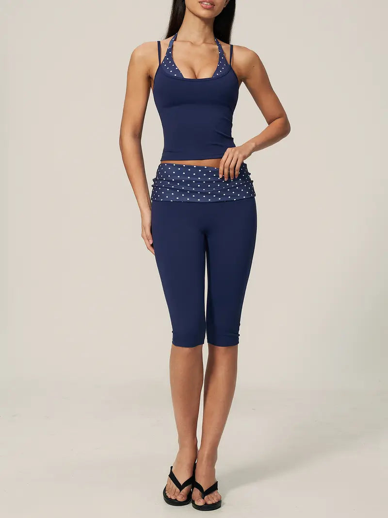 TIMEOFF Halter Tank Top & Fold Over Waist Capri Leggings Active Set