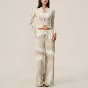 Striped Zip‑Up Long Sleeve Crop Top & Drawstring Wide Leg Pants 2 Piece Loungewear Set