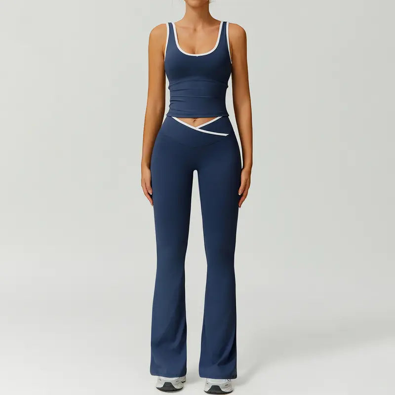 TimeOFF Two-Piece Color Block U-Neck Piped Tank & Bell Bottom Set