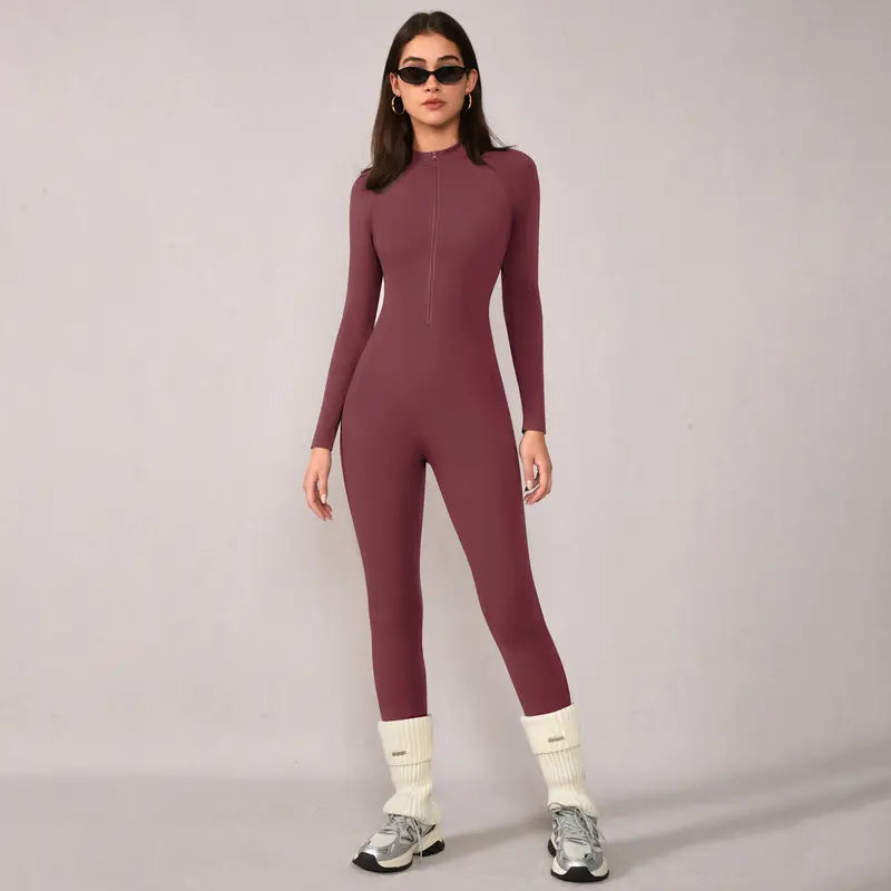 TIMEOFF Women's Long-Sleeve Fleece-Lined Mock-Neck Zip-Up Jumpsuit