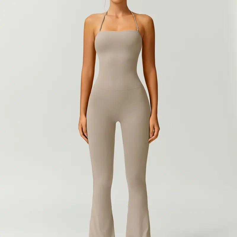 TIMEOFF Women's Halter Neck High Waist Butt Lifting Bodycon Flared Leg Yoga Jumpsuit