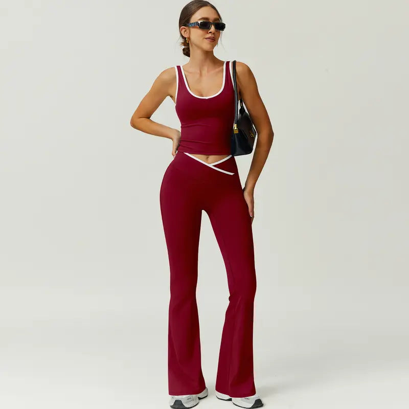 TimeOFF Two-Piece Color Block U-Neck Piped Tank & Bell Bottom Set