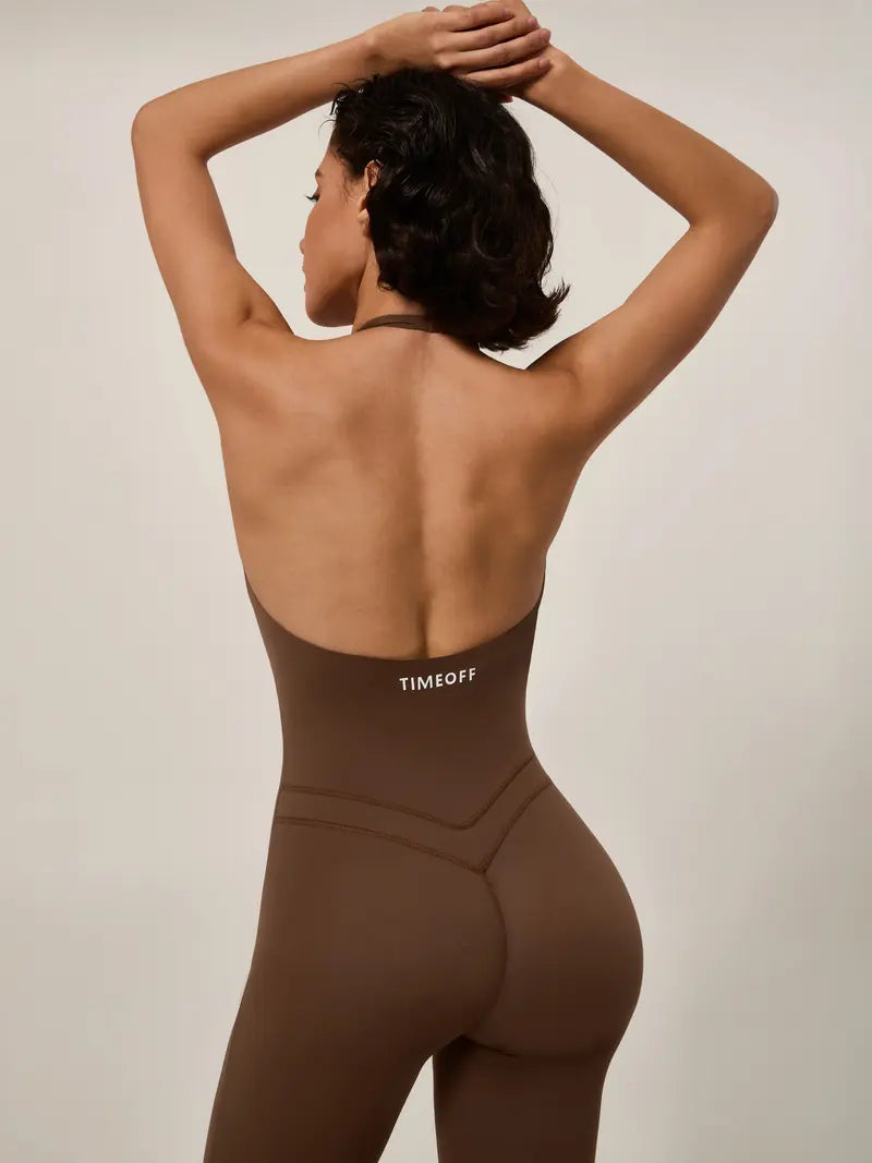 TIMEOFF Women's Halter U Back Full Length Workout Jumpsuit